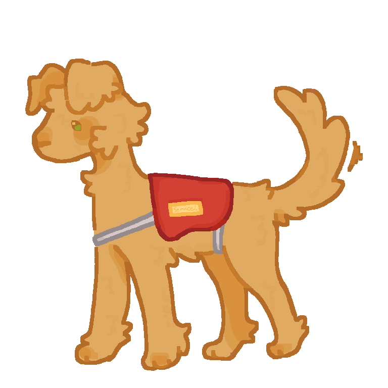 A drawing of a simplified and stylized golden retriever wearing a simplified red service dog vest.